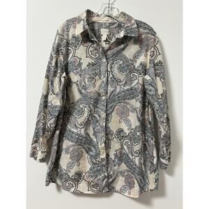Chico's 2 Size L Large Shirt Top Paisley Button Front No Iron 3/4 Sleeve